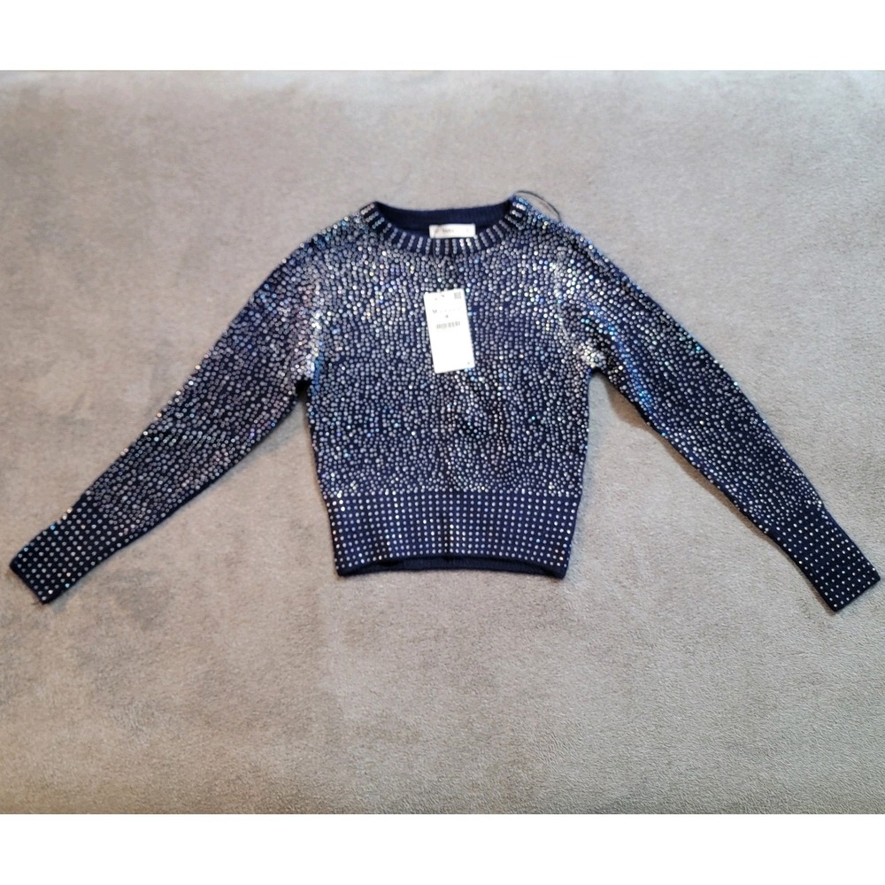 Zara Knit‎ Women's Navy Blue Sequin/Rhinestone Sweater Size Medium NWT $69